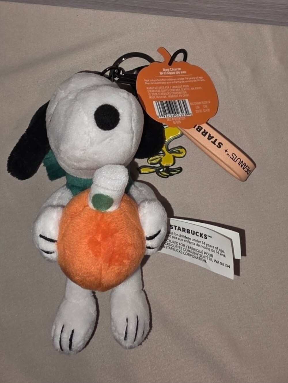 Starbucks Snoopy Plush Keychain in White, Orange, Black